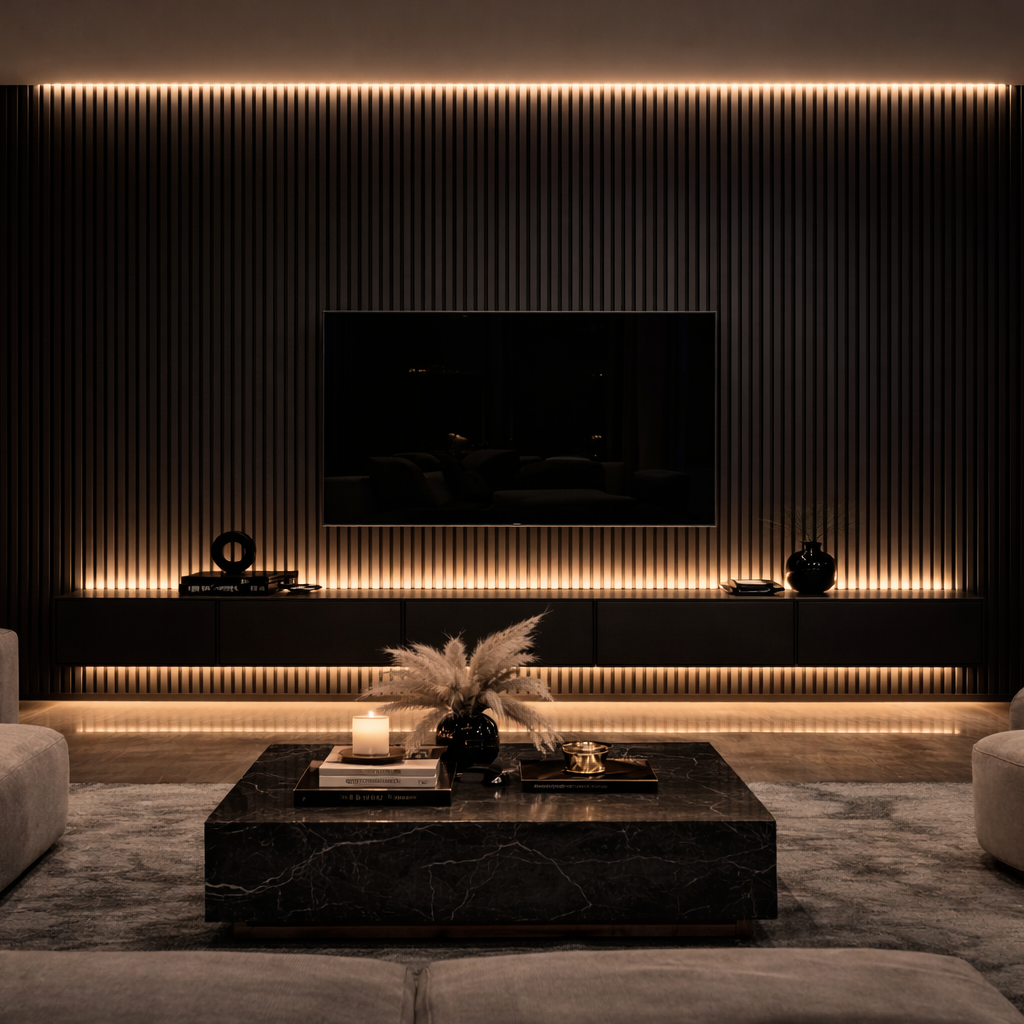 Modern Acoustic Wood Slat Panels – Dark Finish
